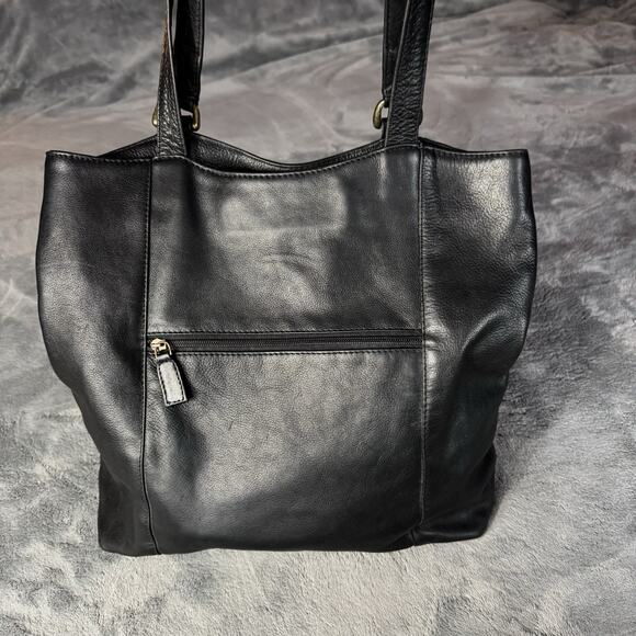Black Leather Shoulder Bag Hobo Style Double Top Handle Purse Minimal Unbranded - Picture 2 of 13